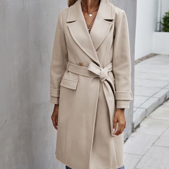 Cream Button up Trench Pea Coat Minimalist Classic - Picture 4 of 4